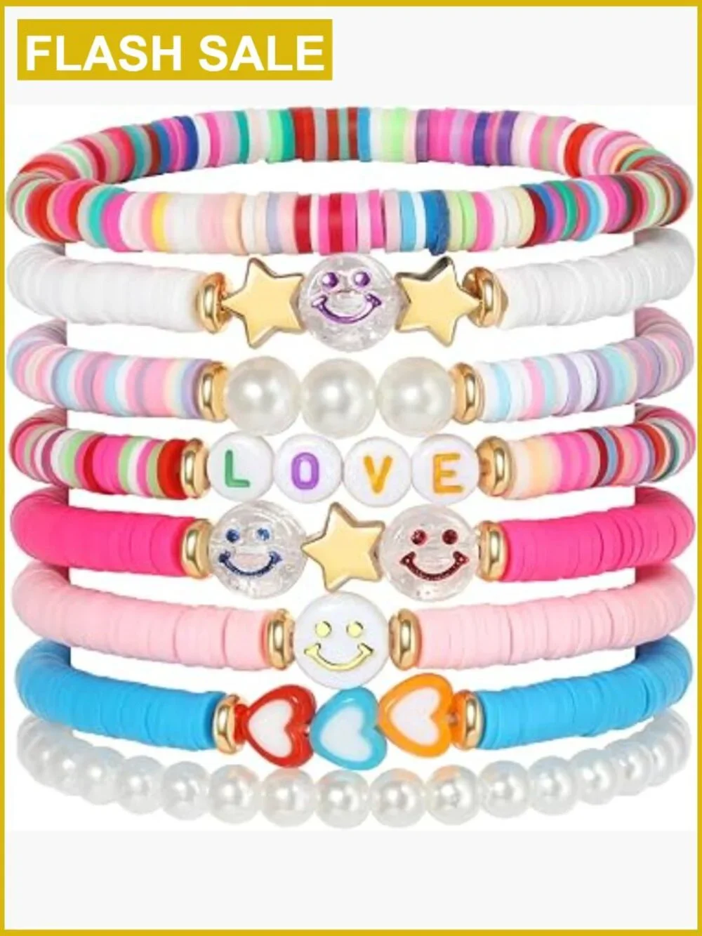 Set of 8 Preppy Stretch Bracelets, Smile Heart Star Beaded Clay Stackable